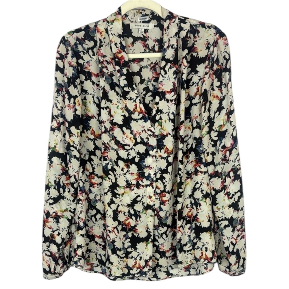 Rose & Olive Black & Cream Floral Buttoned Blouse with Notched Collar Size Large